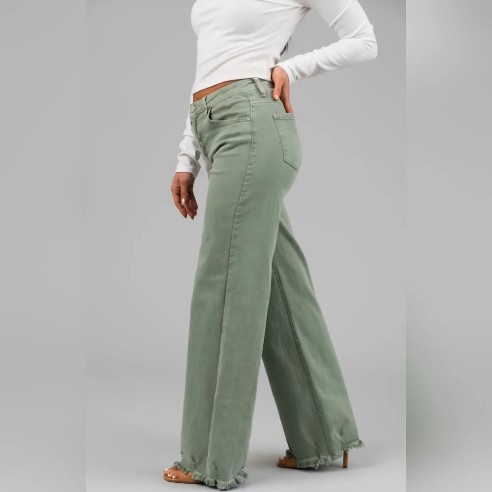RISEN High Rise Wide Leg Olive Denim Jeans Classic Frayed Hem Size 1/25 NEW - Picture 8 of 15